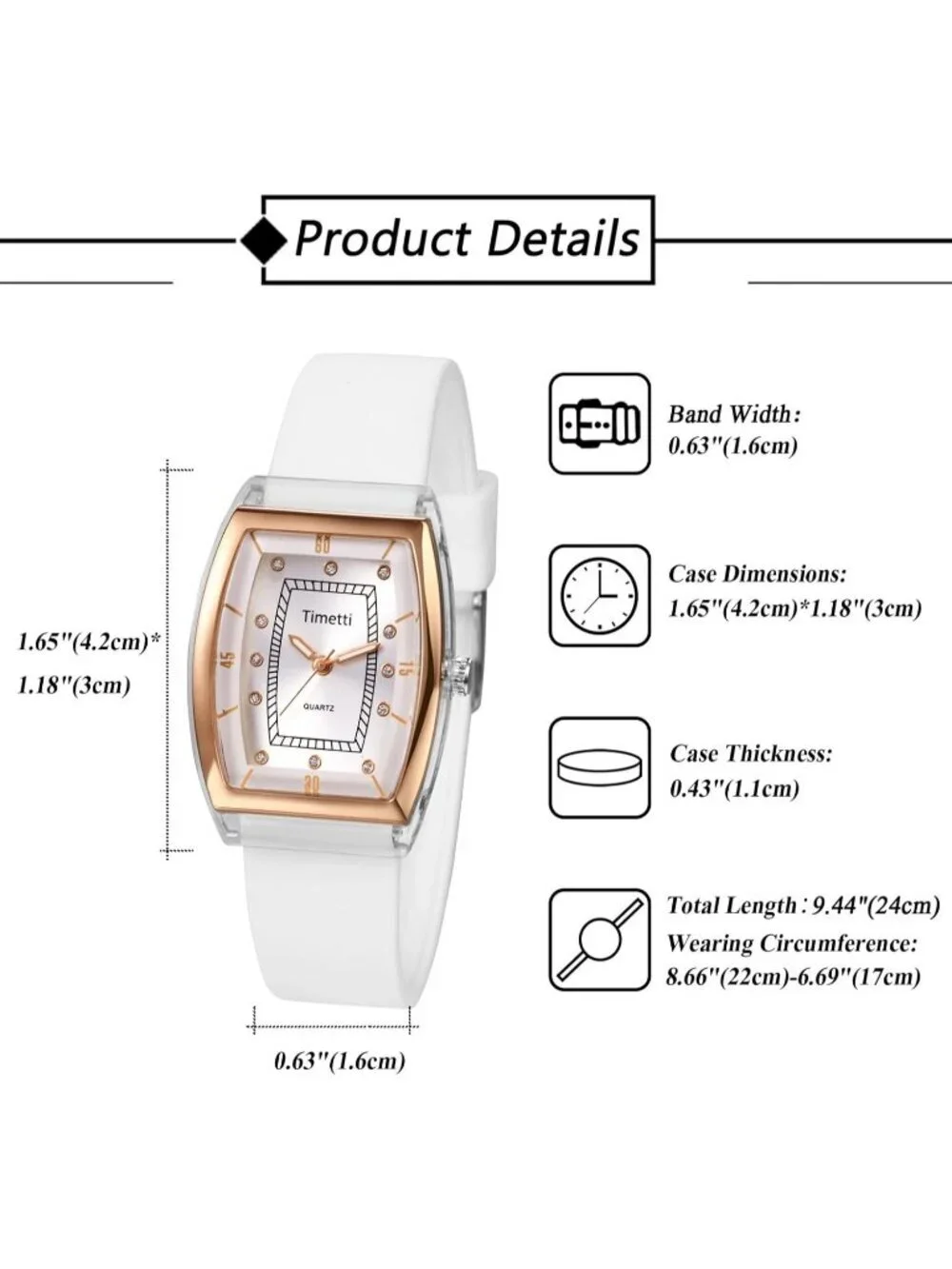 Women's White Analog Quartz Tonneau Dial Adjustable Band Silicone Wrist Watch